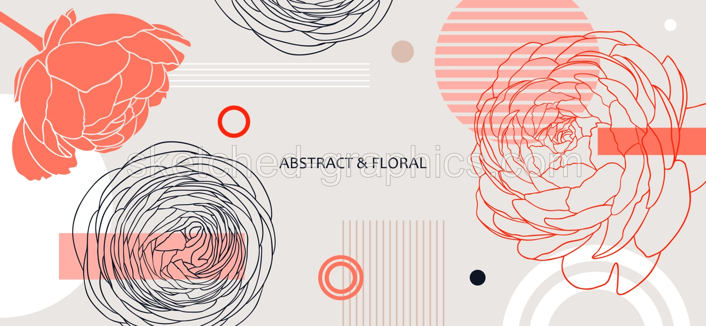 Collage style ranunculus vector illustration. Hand-sketched spring flowers. Trendy design with ranunculus, geometric shapes, and abstract elements. For print, poster, card, social media, wall art. Illustration
